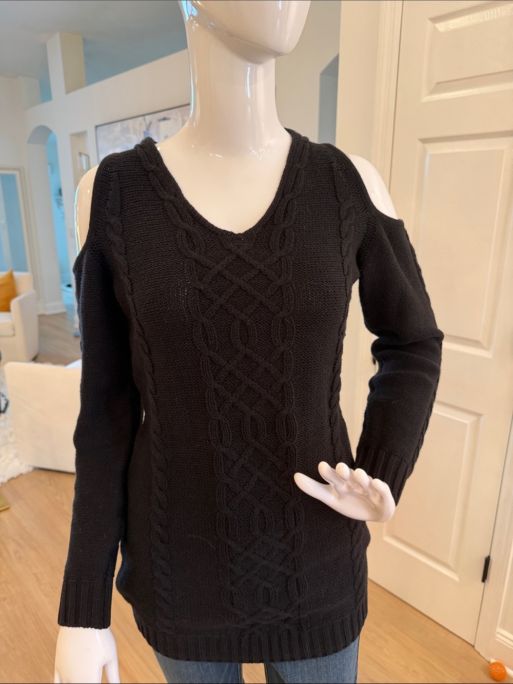 Hot in Hollywood Black Cold-Shoulder Cable Knit Sweater